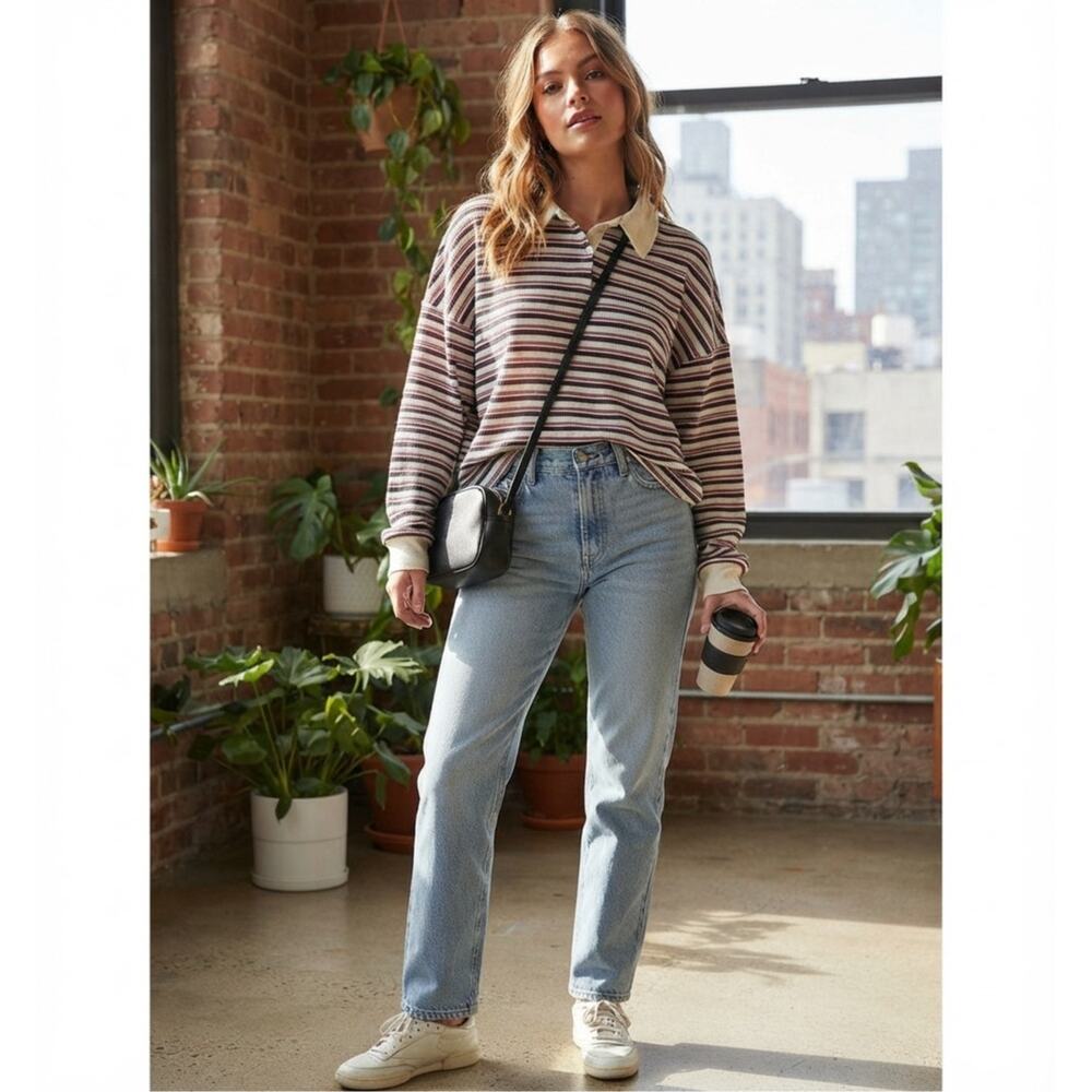 Lioness Striped Polo Sweater Long Sleeve Knit Contrast Collar Model-Off-Duty S